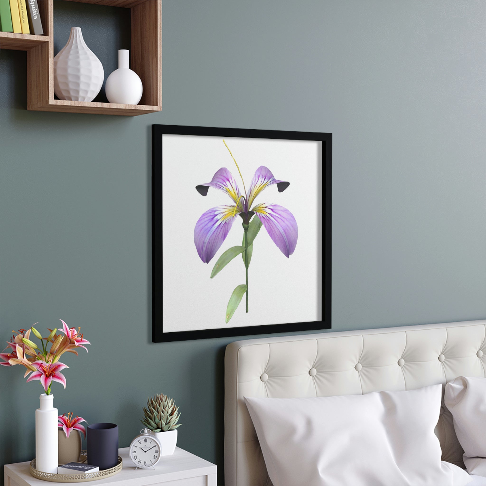 A beautifully framed poster featuring a vibrant purple flower design, encased in a hand-crafted wooden frame, ready for hanging.