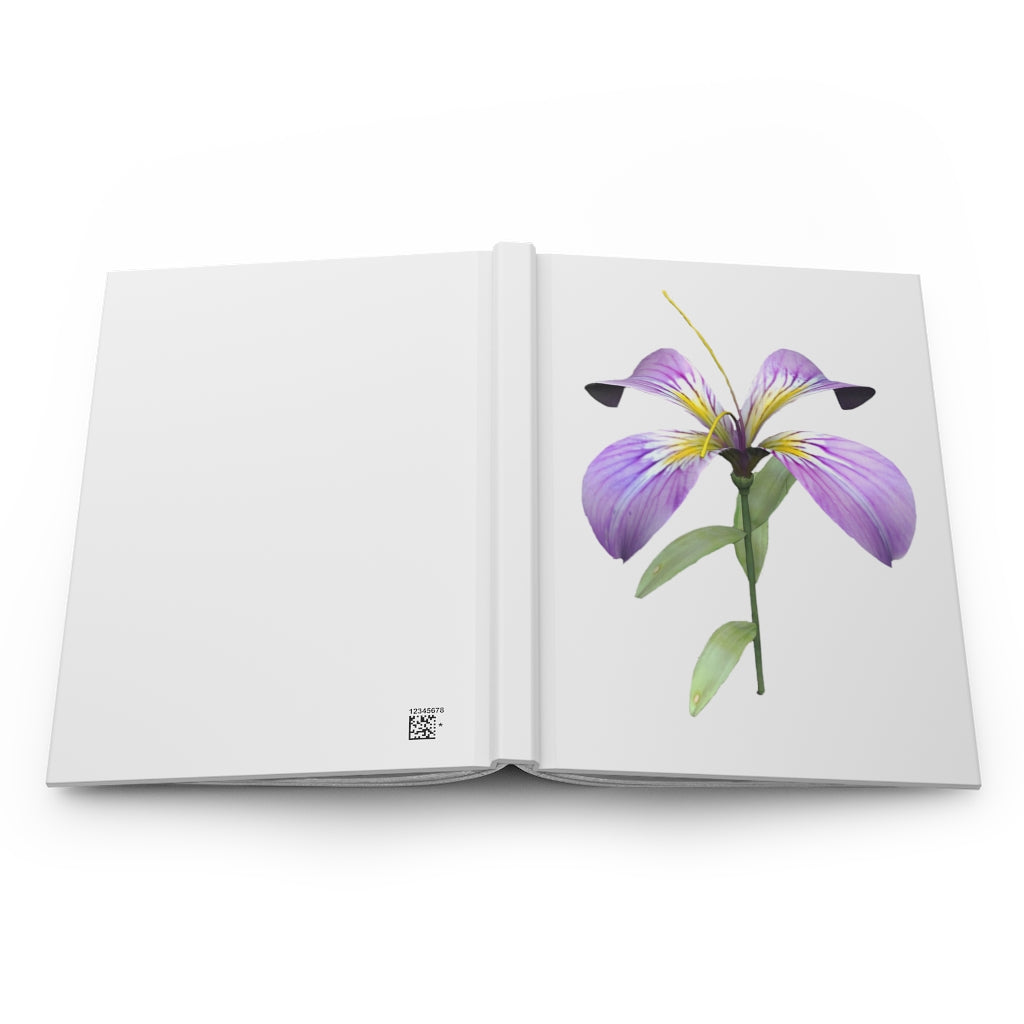 Purple Flower Hardcover Journal with matte finish, featuring a floral design on the cover and lined pages inside.