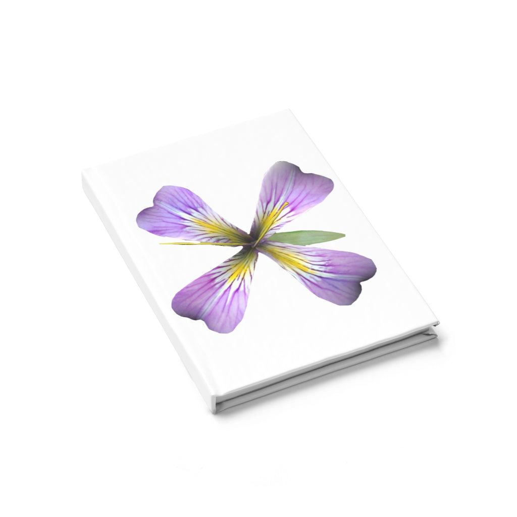 A hardcover journal featuring a vibrant purple flower design, showcasing ruled line pages for organized writing.