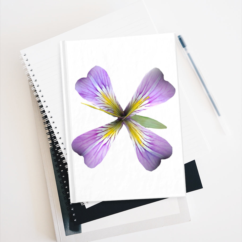 A hardcover journal featuring a vibrant purple flower design, showcasing ruled line pages for organized writing.