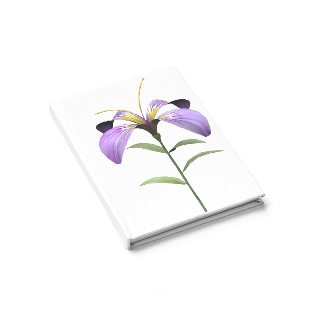 A hardcover Purple Flower Journal featuring a vibrant floral design, showcasing ruled line pages for writing.