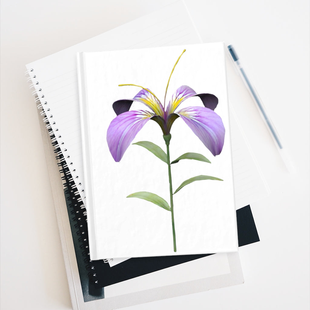 A hardcover Purple Flower Journal featuring a vibrant floral design, showcasing ruled line pages for writing.