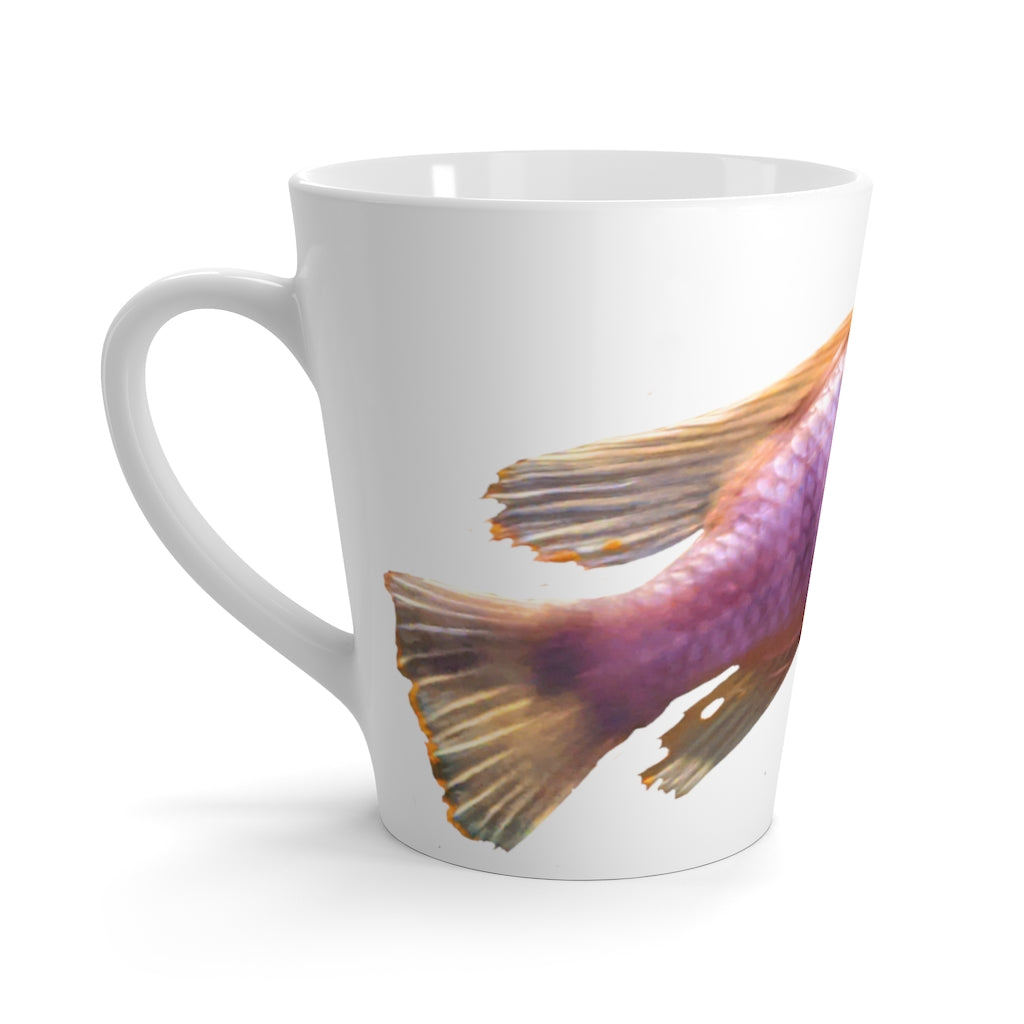 A vibrant purple flower latte mug made of durable ceramic, featuring a comfortable C-handle and rounded corners.