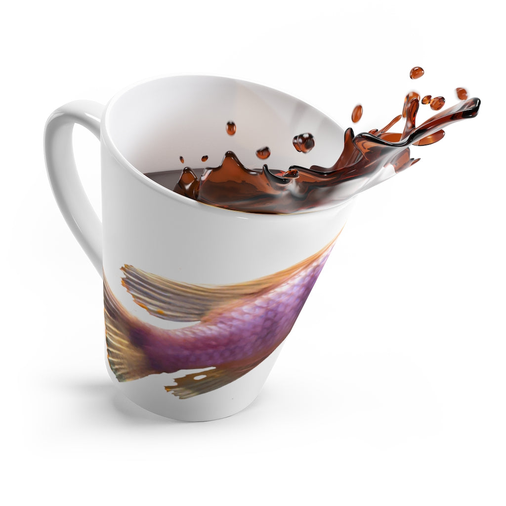 A vibrant purple flower latte mug made of durable ceramic, featuring a comfortable C-handle and rounded corners.