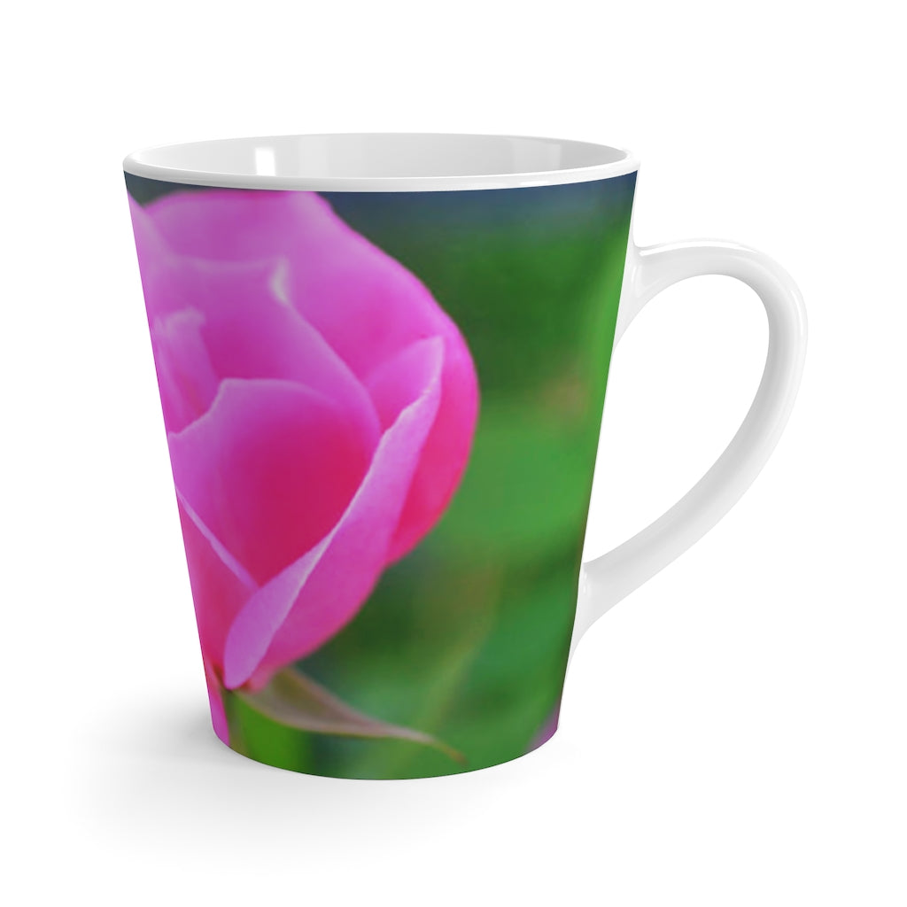 A stylish purple flower latte mug made of durable ceramic, featuring a comfortable C-handle and high-quality sublimation printing.