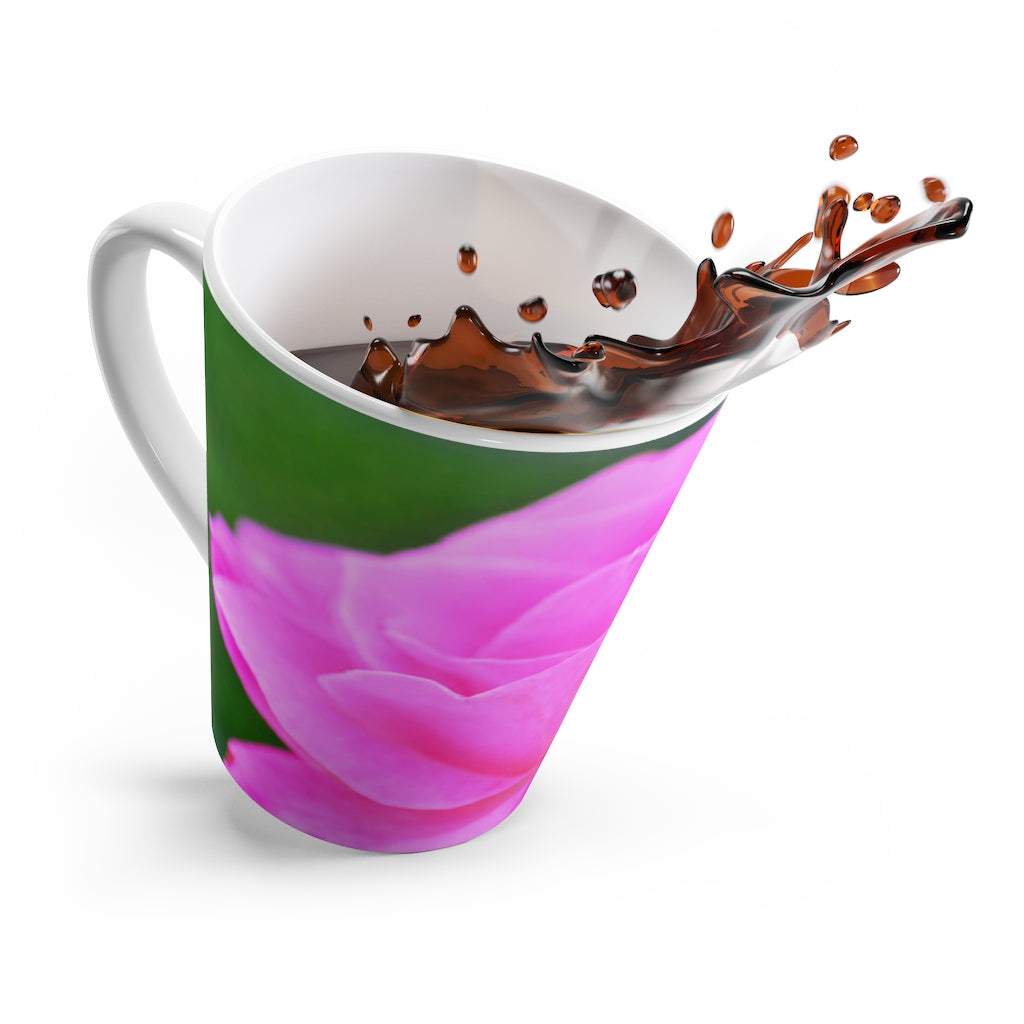 A stylish purple flower latte mug made of durable ceramic, featuring a comfortable C-handle and high-quality sublimation printing.