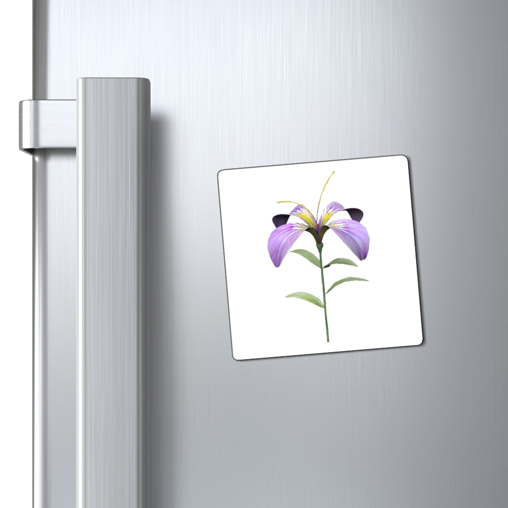 A set of vibrant purple flower magnets displayed on a metallic surface, showcasing their colorful design and strong hold.