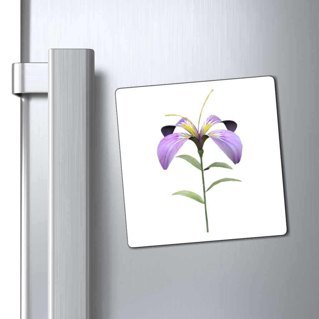 A set of vibrant purple flower magnets displayed on a metallic surface, showcasing their colorful design and strong hold.