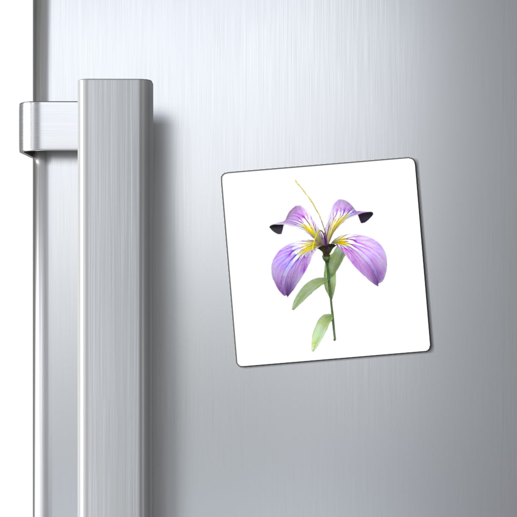 A set of vibrant purple flower magnets displayed on a metallic surface, showcasing their colorful design and strong hold.