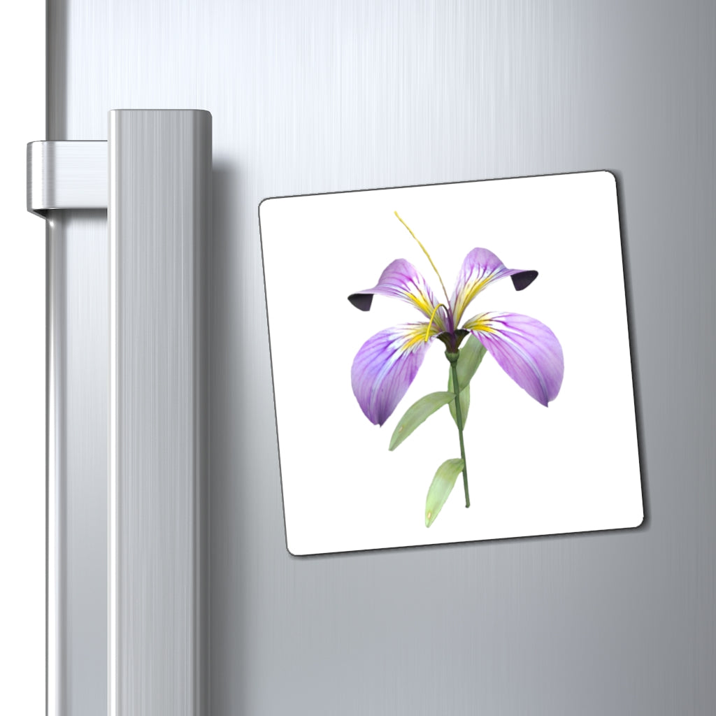 A set of vibrant purple flower magnets displayed on a metallic surface, showcasing their colorful design and strong hold.