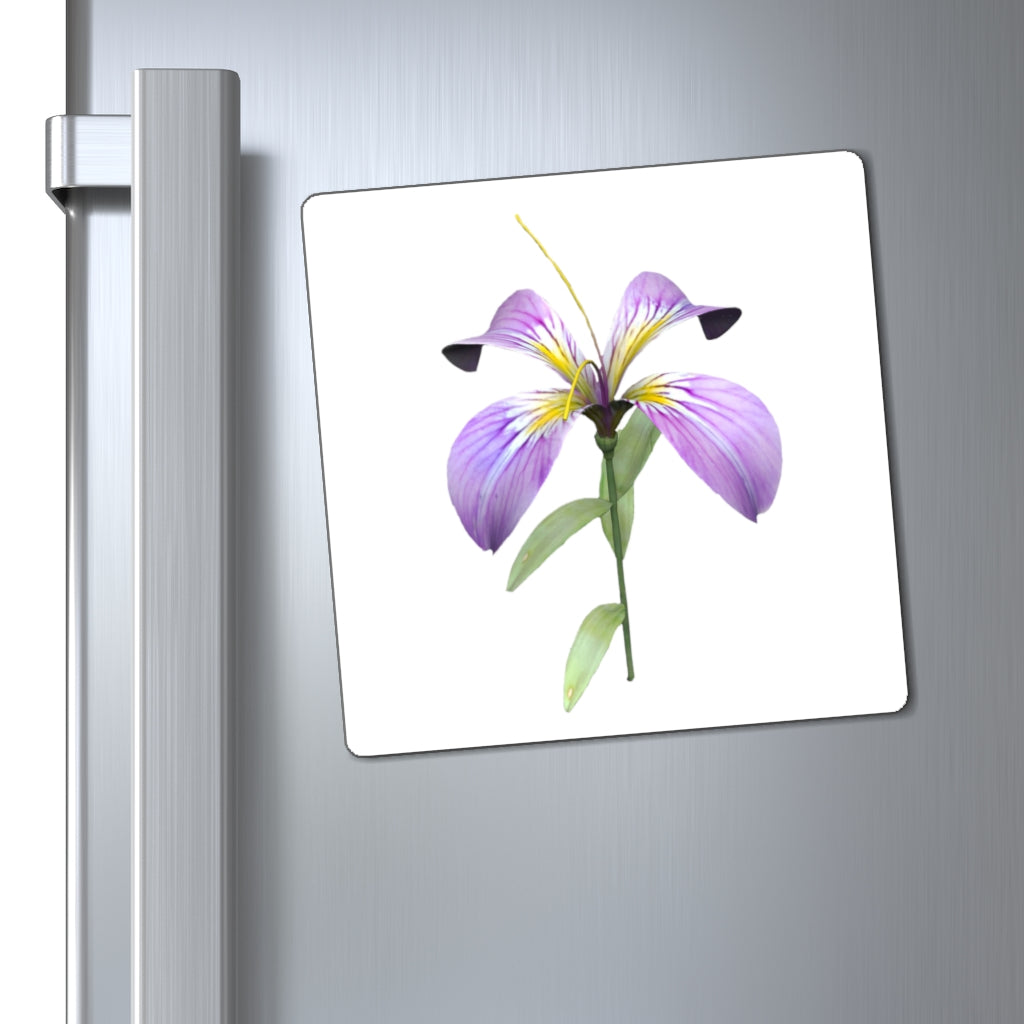 A set of vibrant purple flower magnets displayed on a metallic surface, showcasing their colorful design and strong hold.