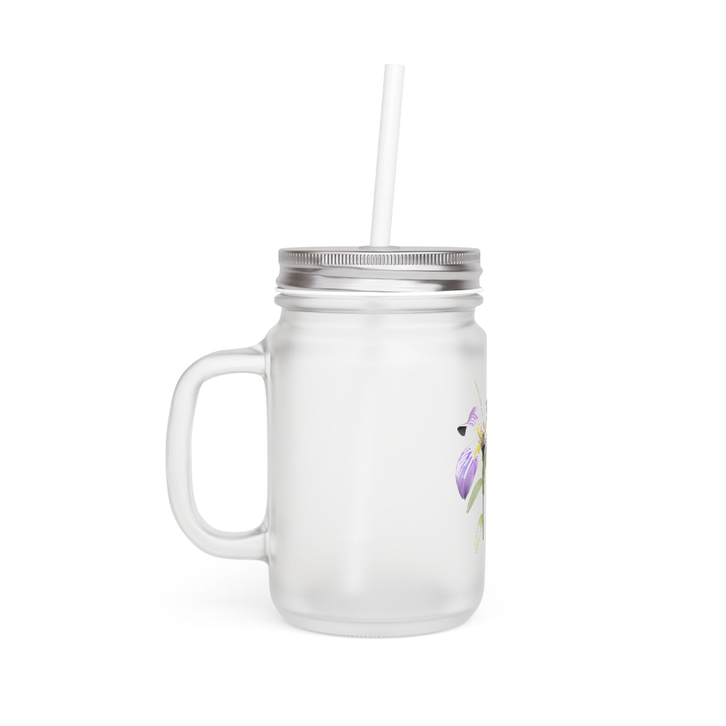 Purple Flower Mason Jar made of frosted glass with a straw and lid, perfect for personalized beverages.