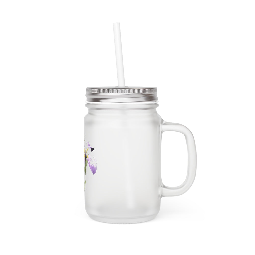 Purple Flower Mason Jar made of frosted glass with a straw and lid, perfect for personalized beverages.