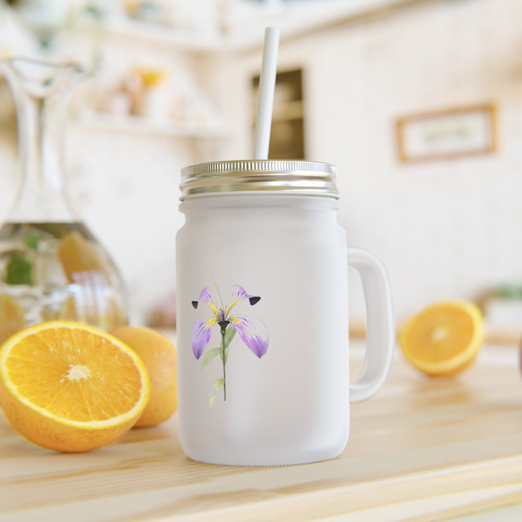 Purple Flower Mason Jar made of frosted glass with a straw and lid, perfect for personalized beverages.