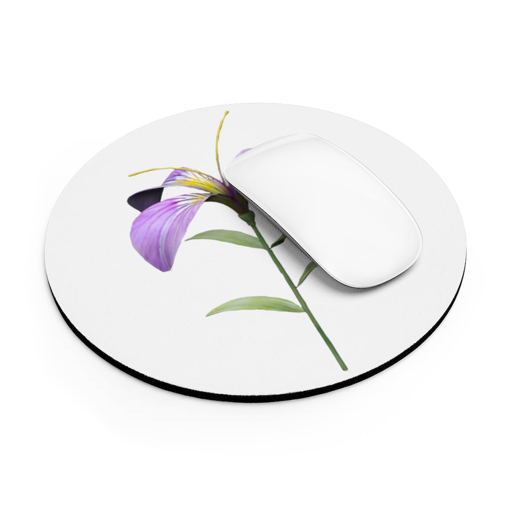 Purple Flower Mouse Pad featuring vibrant floral design with non-slip rubber base, available in round and rectangular shapes.