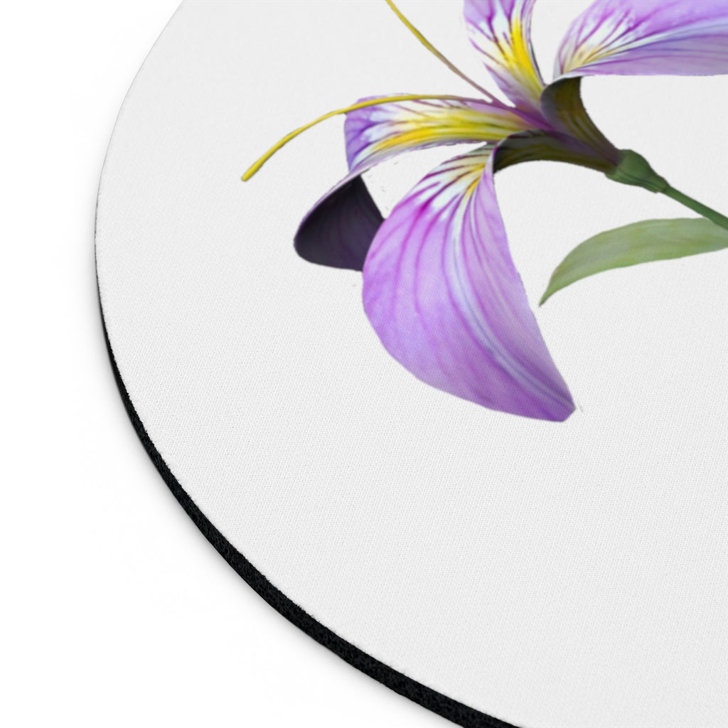 Purple Flower Mouse Pad featuring vibrant floral design with non-slip rubber base, available in round and rectangular shapes.