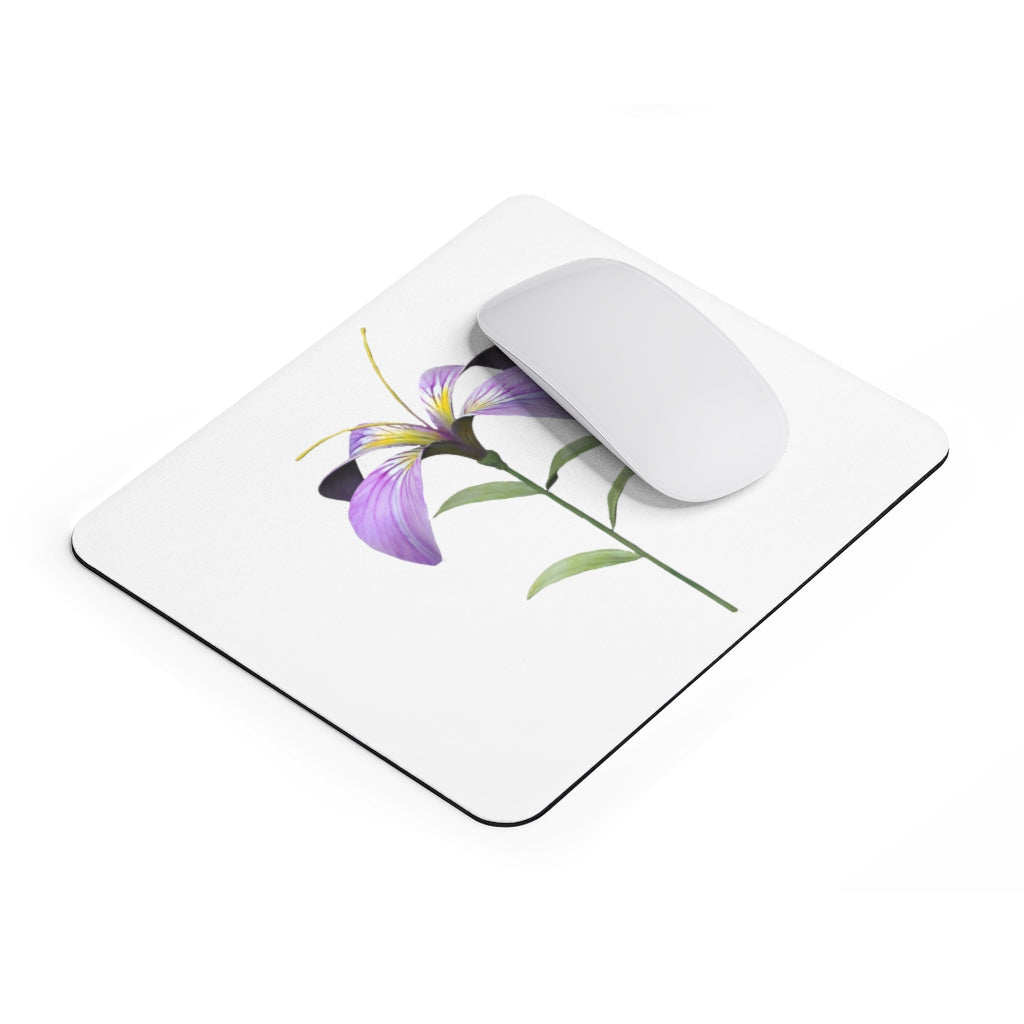 Purple Flower Mouse Pad featuring a vibrant floral design on a smooth neoprene surface, ideal for enhancing desk aesthetics.