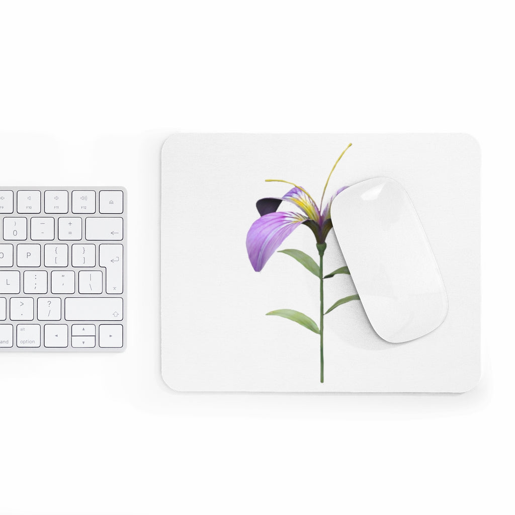 Purple Flower Mouse Pad featuring a vibrant floral design on a smooth neoprene surface, ideal for enhancing desk aesthetics.