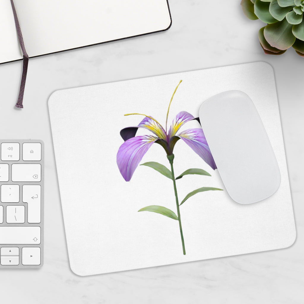 Purple Flower Mouse Pad featuring a vibrant floral design on a smooth neoprene surface, ideal for enhancing desk aesthetics.