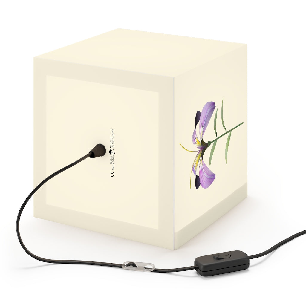 A stylish Purple Flower Personalized Lamp featuring a unique cube design, perfect for indoor decoration and creating a relaxing ambiance.