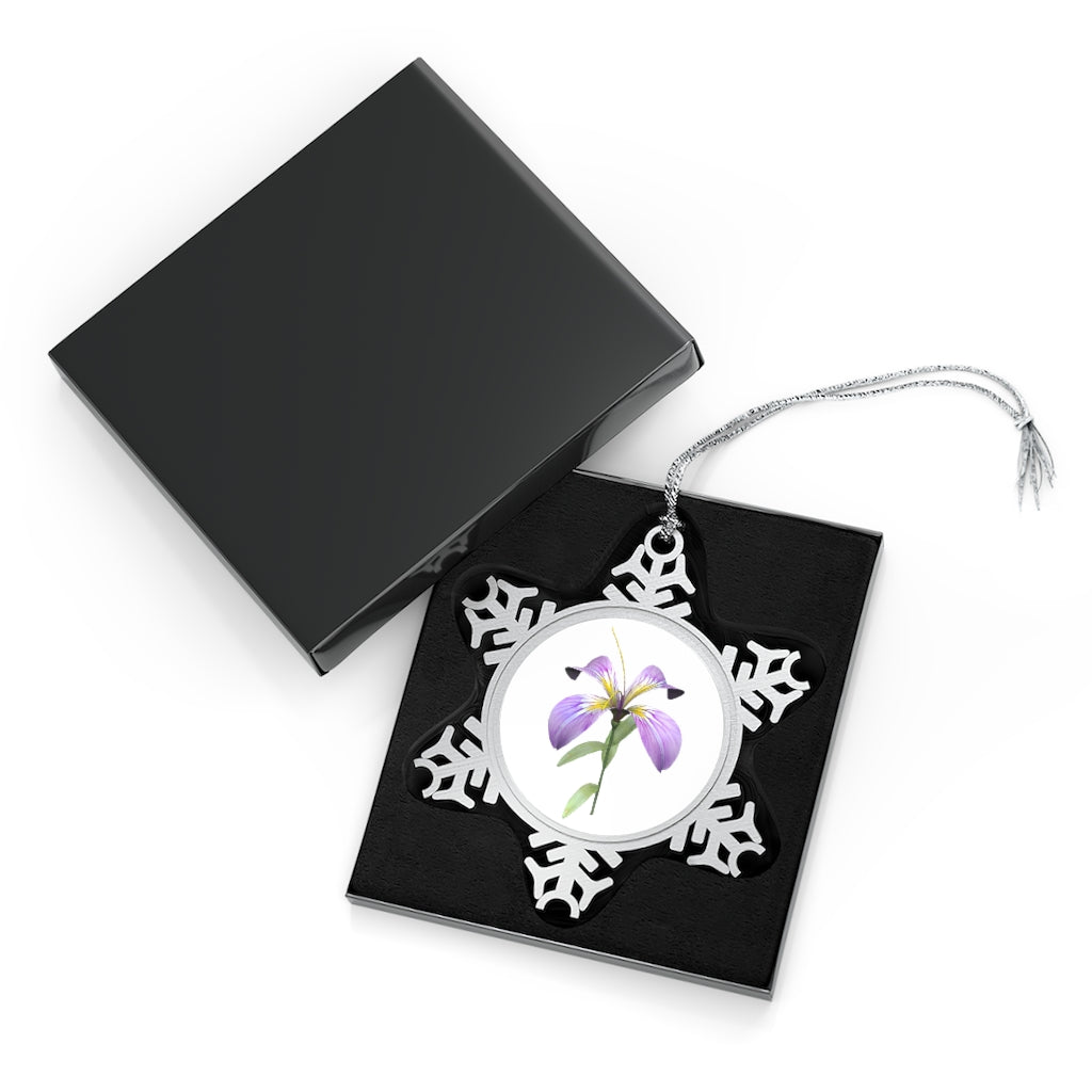 A beautifully crafted Purple Flower Pewter Snowflake Ornament with intricate details and a silver-toned hanging string, perfect for holiday decor.