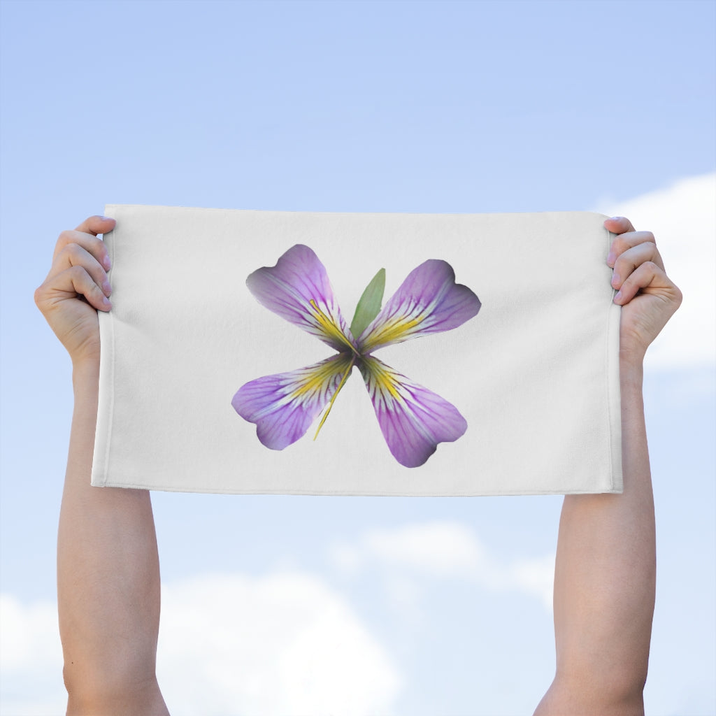 Purple Flower Rally Towel featuring a vibrant floral design on a soft polyester front and absorbent cotton backing, measuring 11x18 inches.