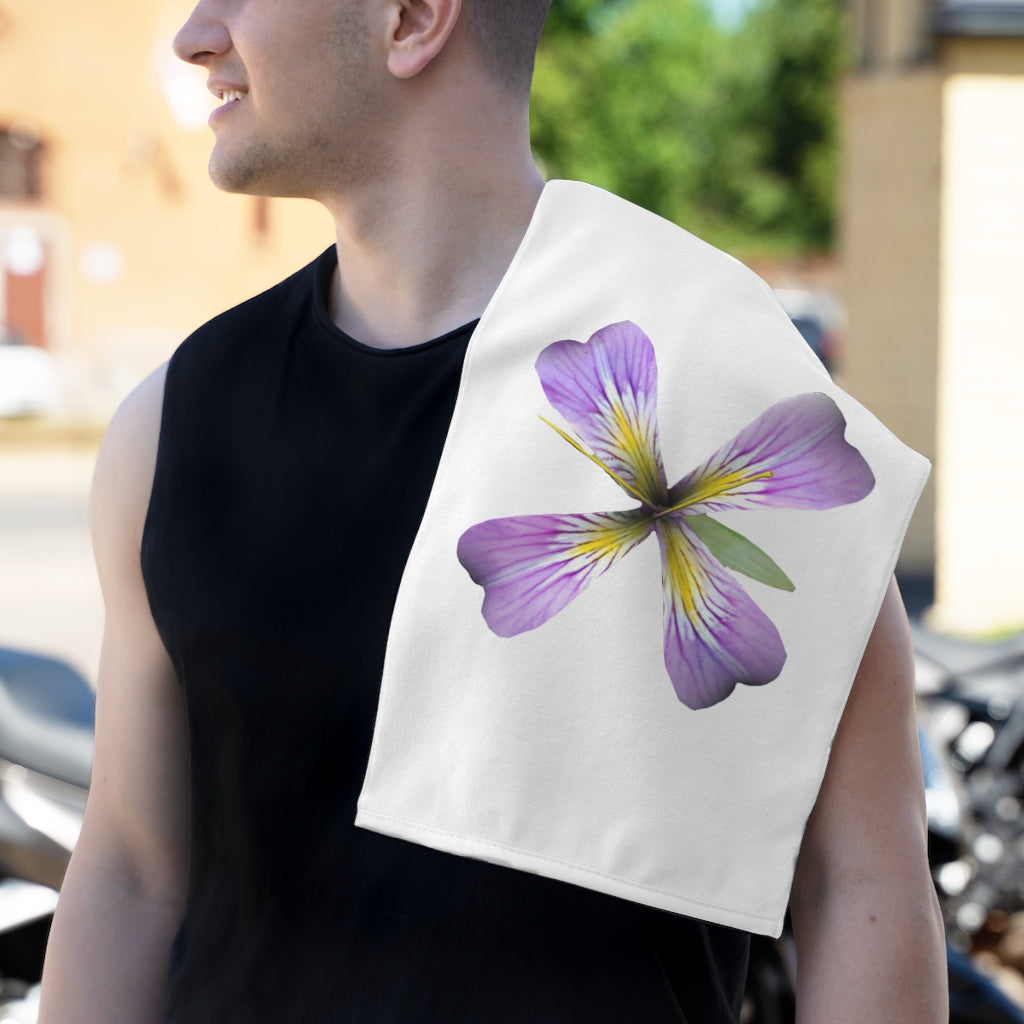 Purple Flower Rally Towel featuring a vibrant floral design on a soft polyester front and absorbent cotton backing, measuring 11x18 inches.