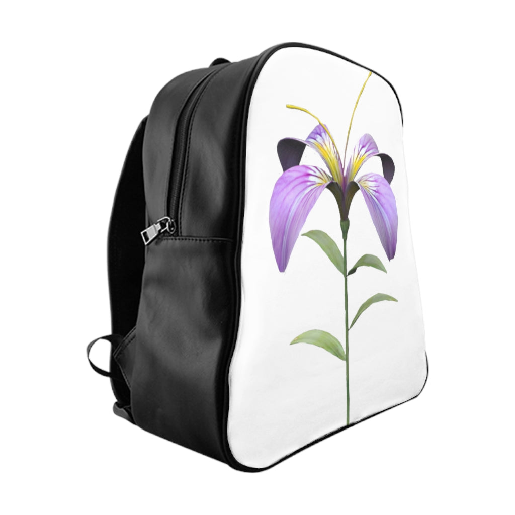 Purple Flower School Backpack with padded back and chocolate brown lining, featuring a vibrant floral design.