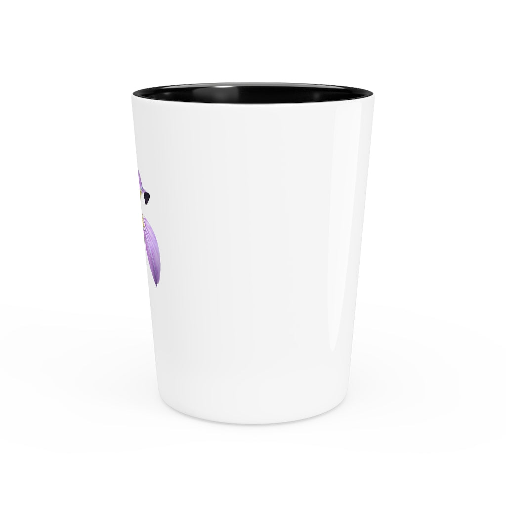 A personalized Purple Flower Shot Glass with a ceramic finish, featuring a vibrant purple floral design and available with a white or black interior.