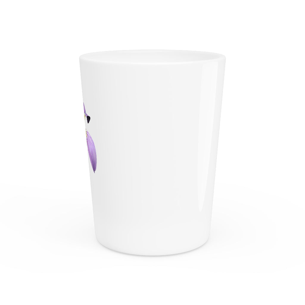 A personalized Purple Flower Shot Glass with a ceramic finish, featuring a vibrant purple floral design and available with a white or black interior.