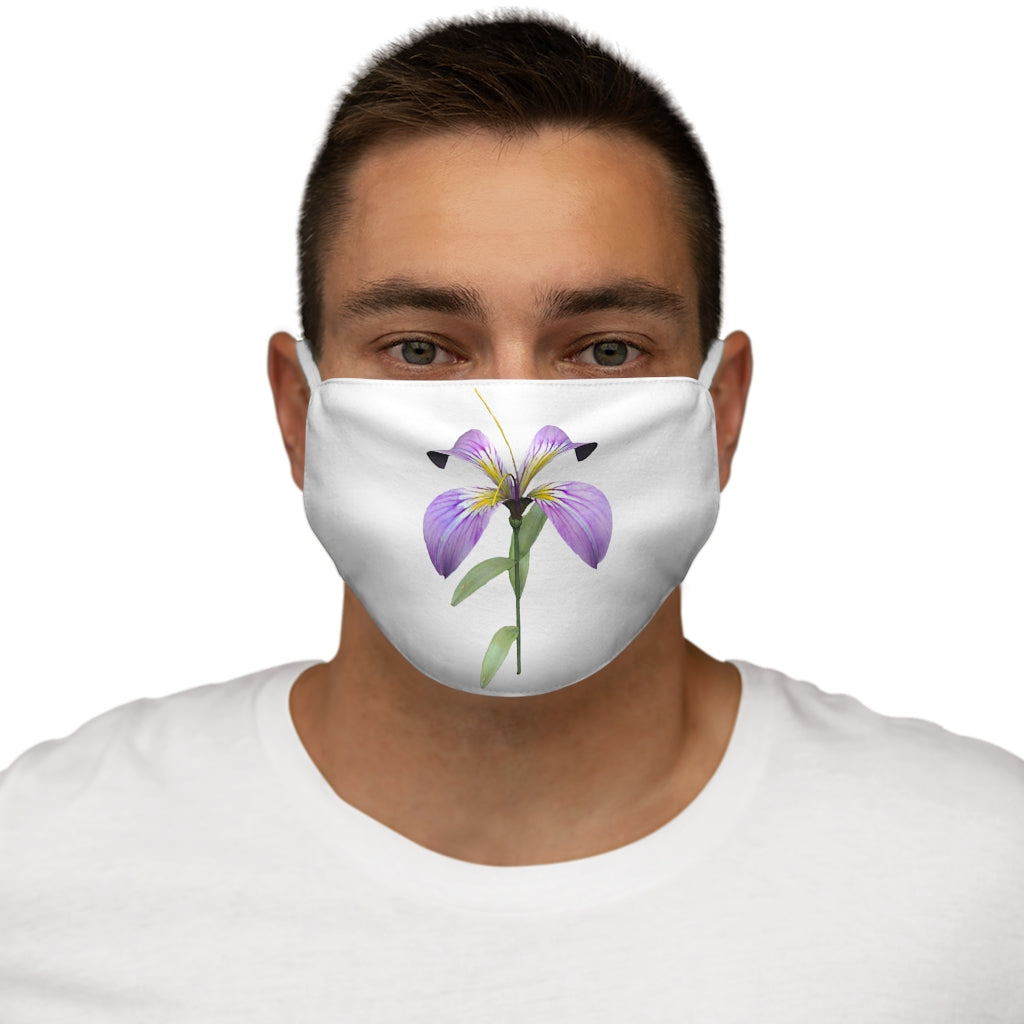 Purple Flower Snug-Fit Polyester Face Mask featuring a vibrant floral design with elastic earloops for a comfortable fit.