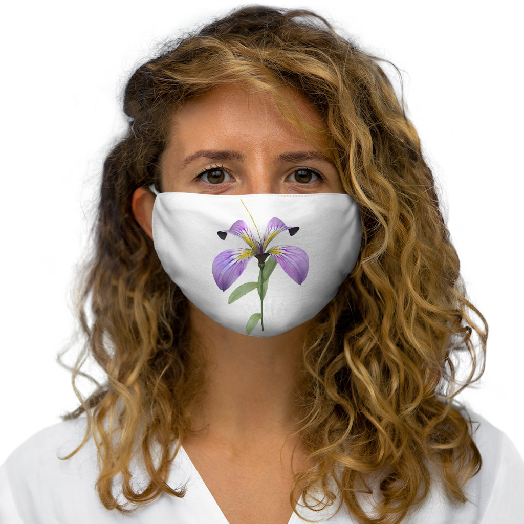 Purple Flower Snug-Fit Polyester Face Mask featuring a vibrant floral design with elastic earloops for a comfortable fit.