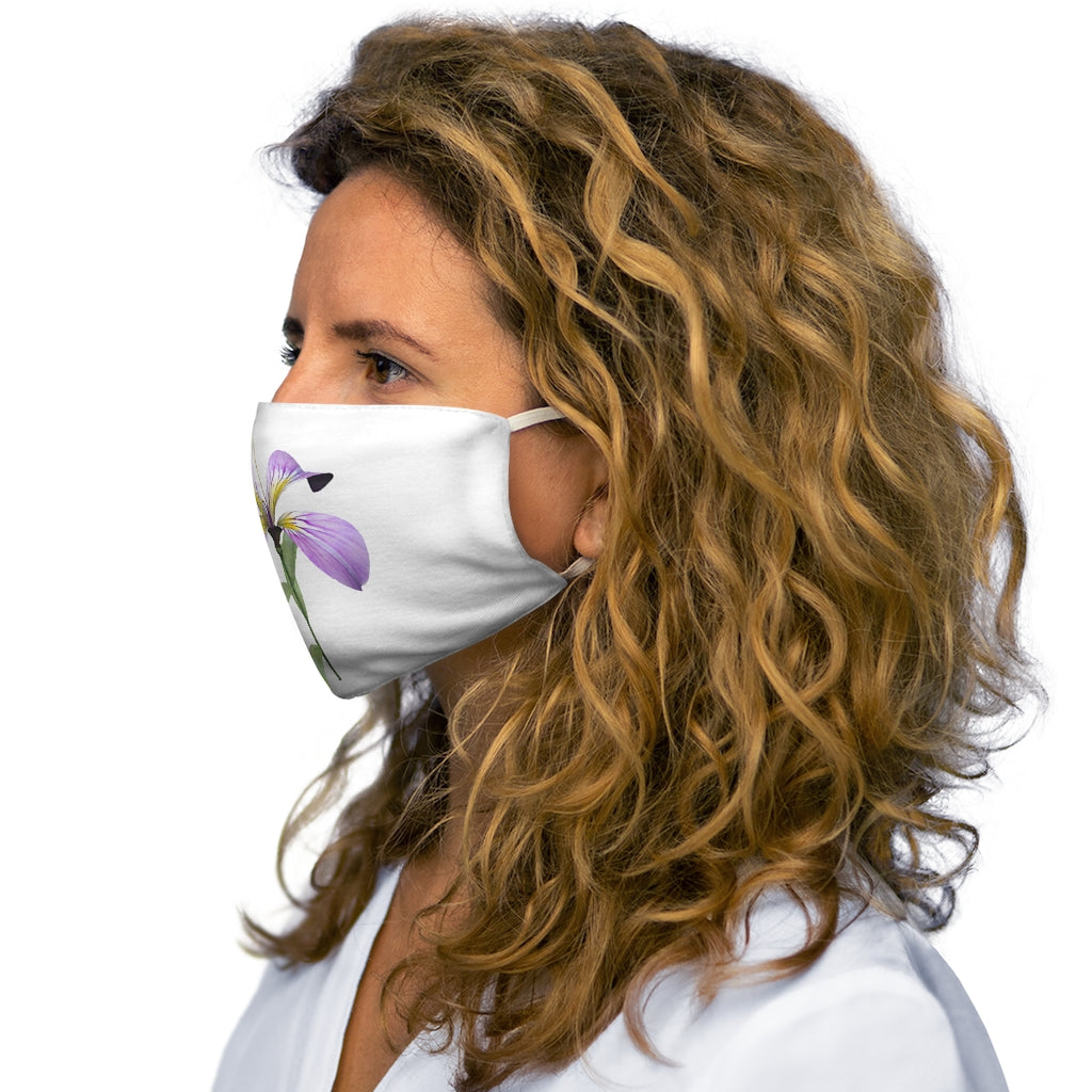 Purple Flower Snug-Fit Polyester Face Mask featuring a vibrant floral design with elastic earloops for a comfortable fit.