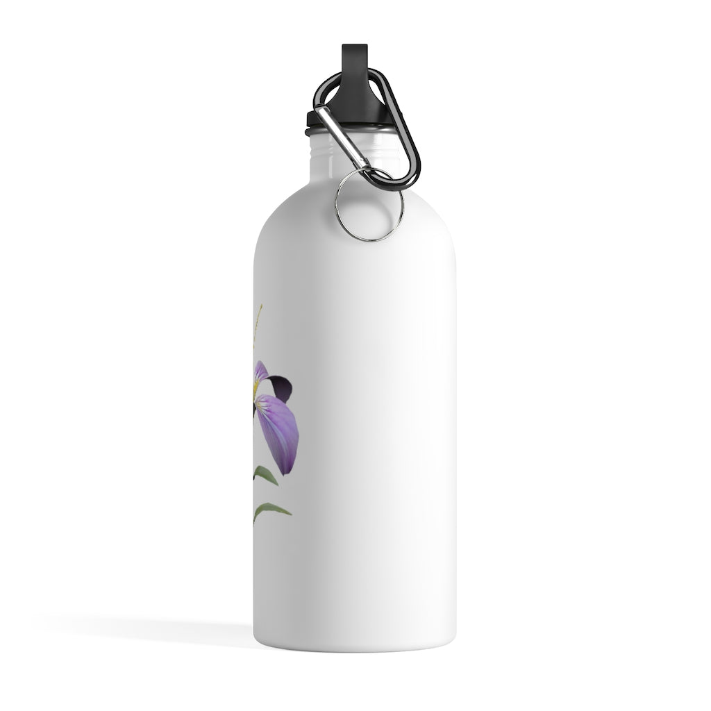 Purple Flower Stainless Steel Water Bottle with a plastic screw top and carabiner, showcasing a vibrant floral design.