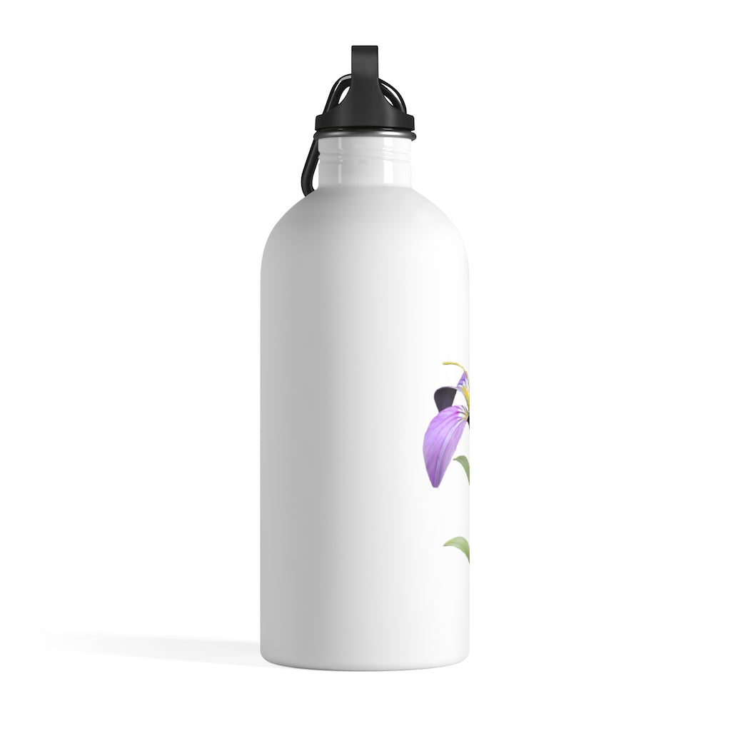 Purple Flower Stainless Steel Water Bottle with a plastic screw top and carabiner, showcasing a vibrant floral design.