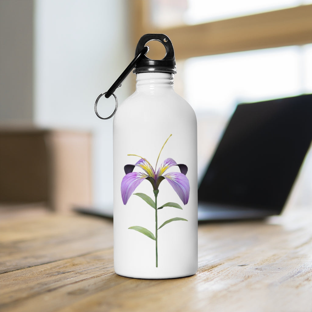 Purple Flower Stainless Steel Water Bottle with a plastic screw top and carabiner, showcasing a vibrant floral design.