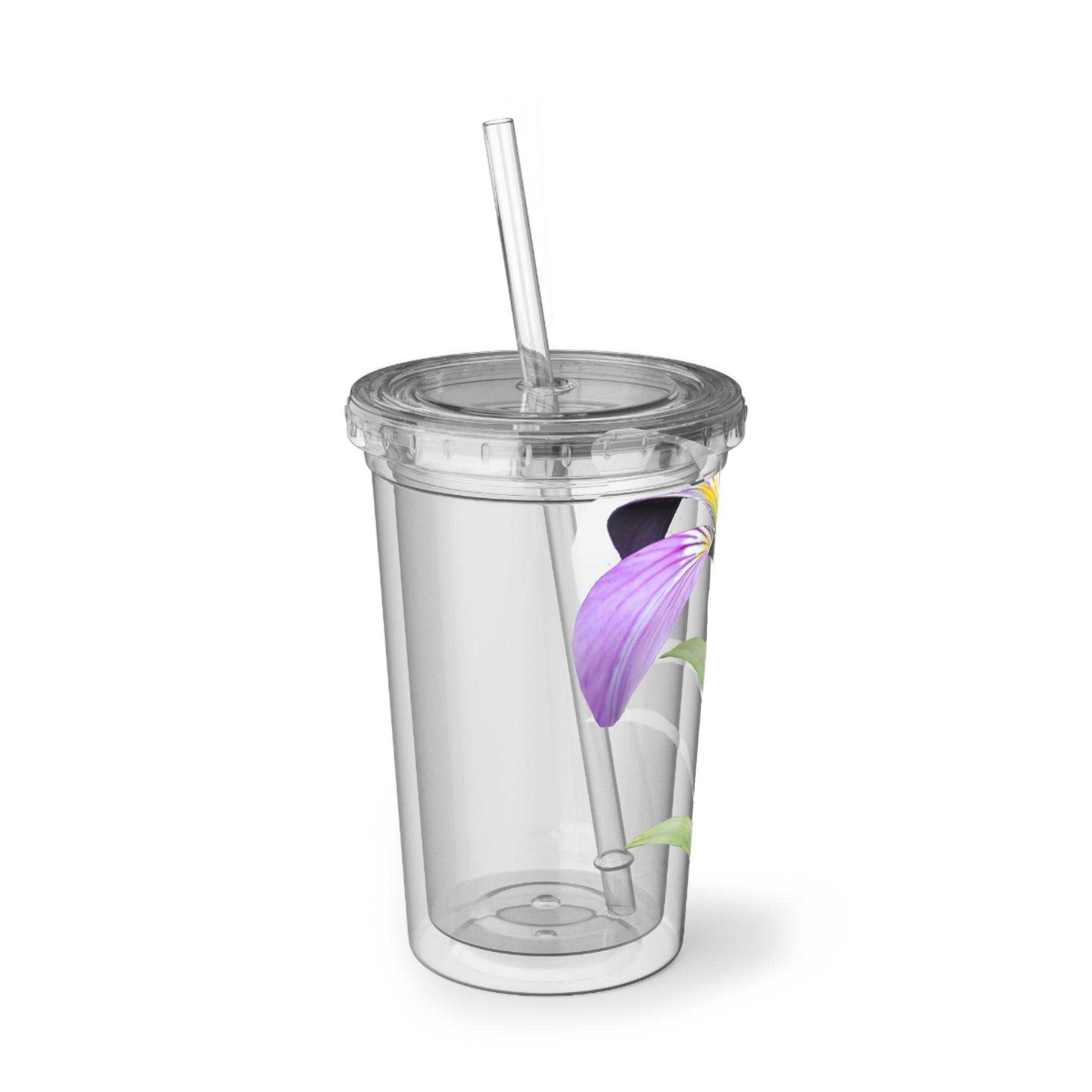 Purple Flower Suave Acrylic Cup with floral design, stainless steel body, and plastic straw, perfect for beverages.