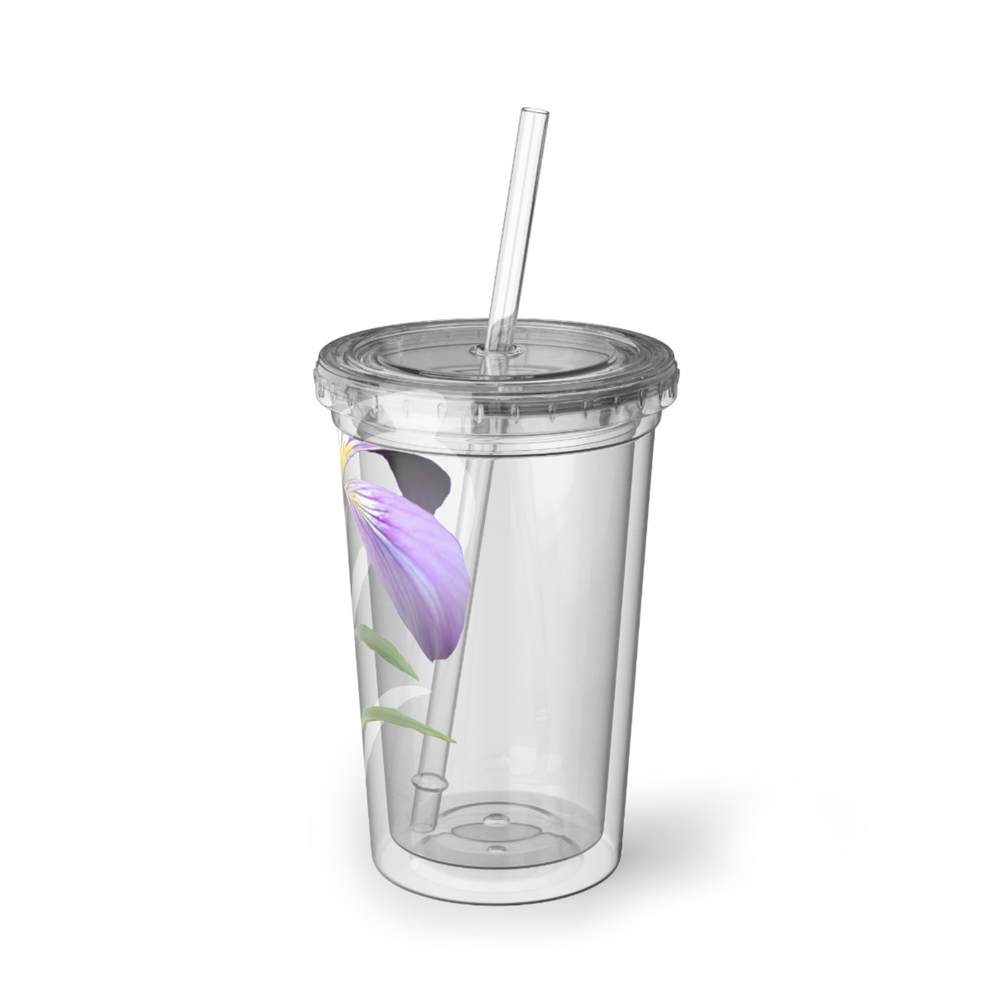 Purple Flower Suave Acrylic Cup with floral design, stainless steel body, and plastic straw, perfect for beverages.