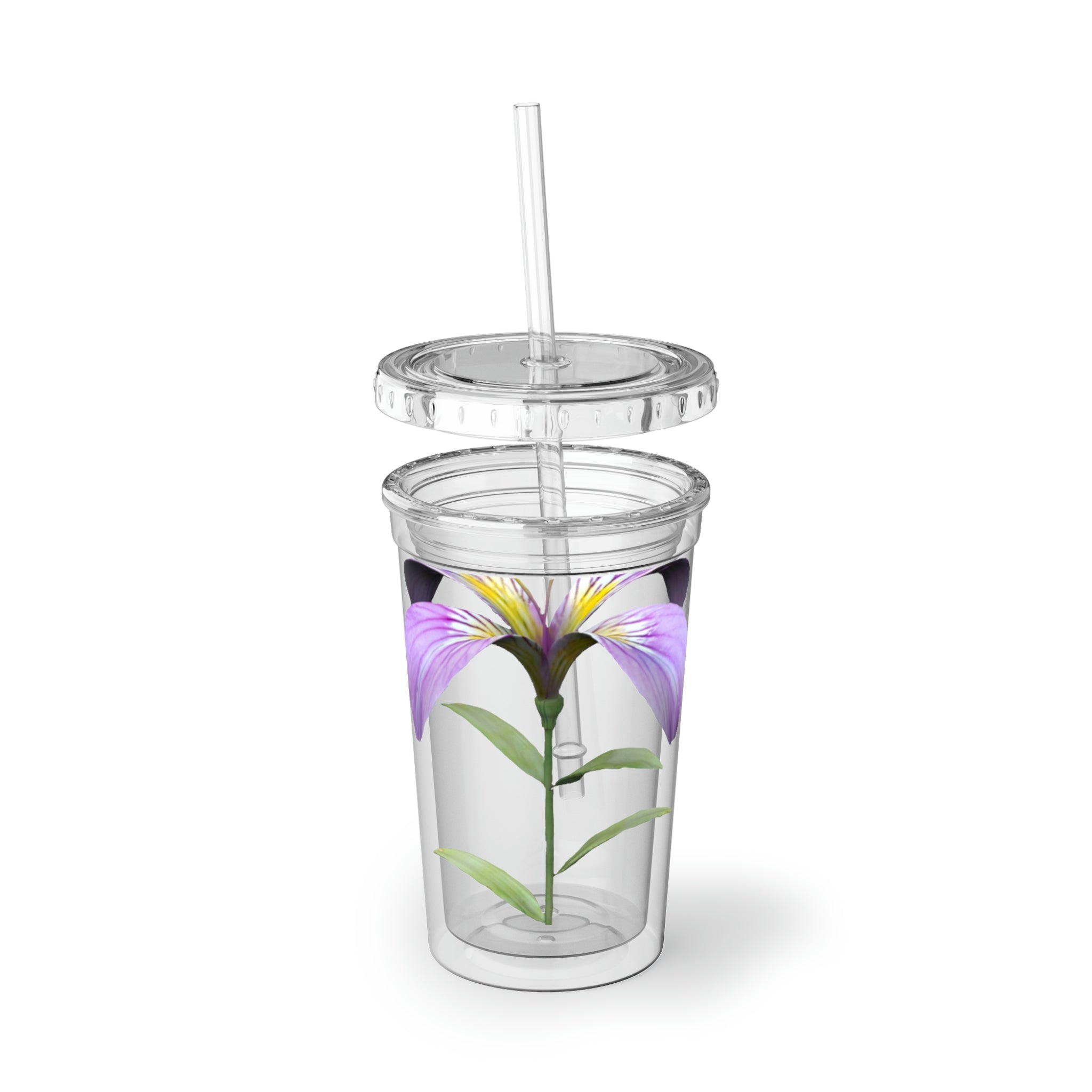 Purple Flower Suave Acrylic Cup with floral design, stainless steel body, and plastic straw, perfect for beverages.