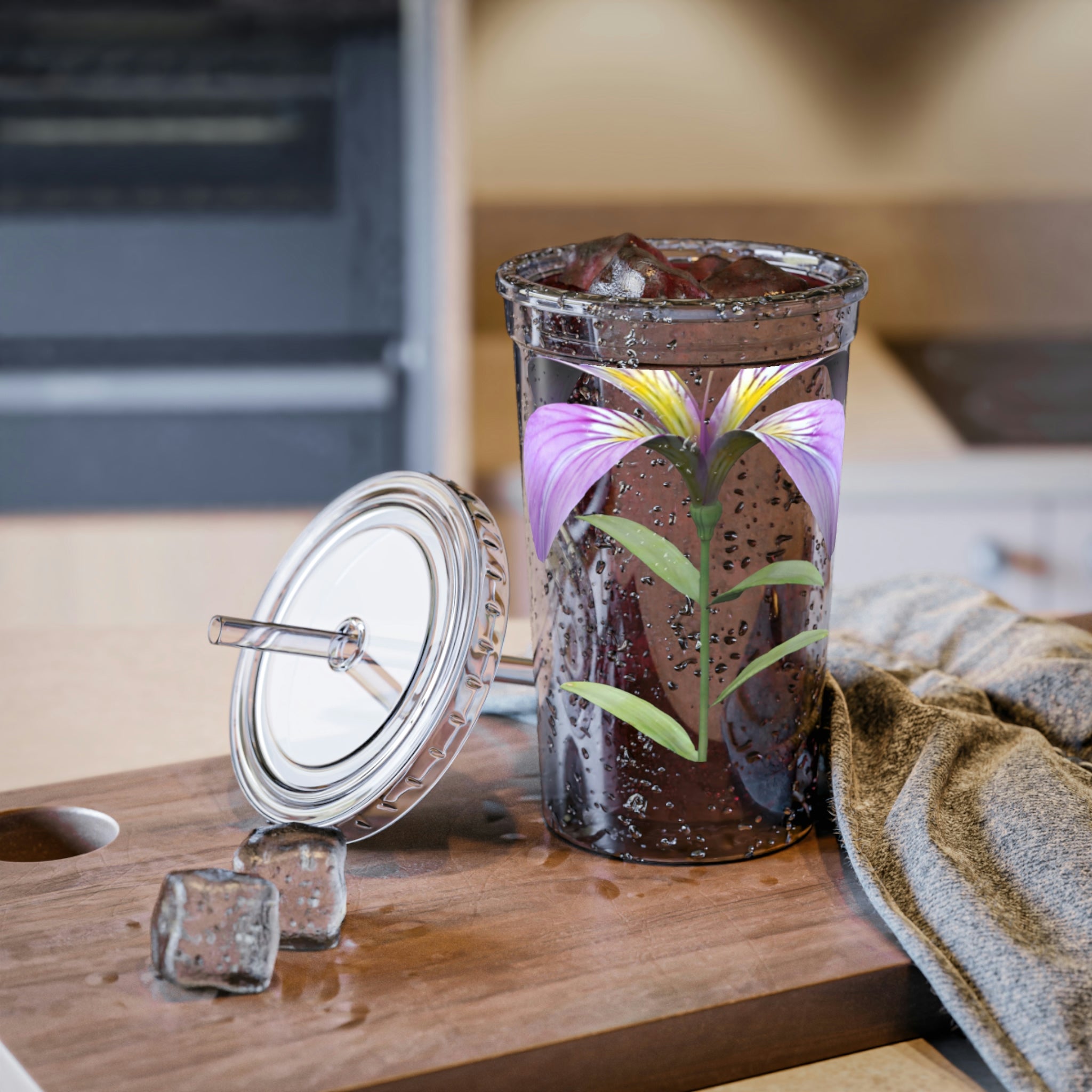 Purple Flower Suave Acrylic Cup with floral design, stainless steel body, and plastic straw, perfect for beverages.