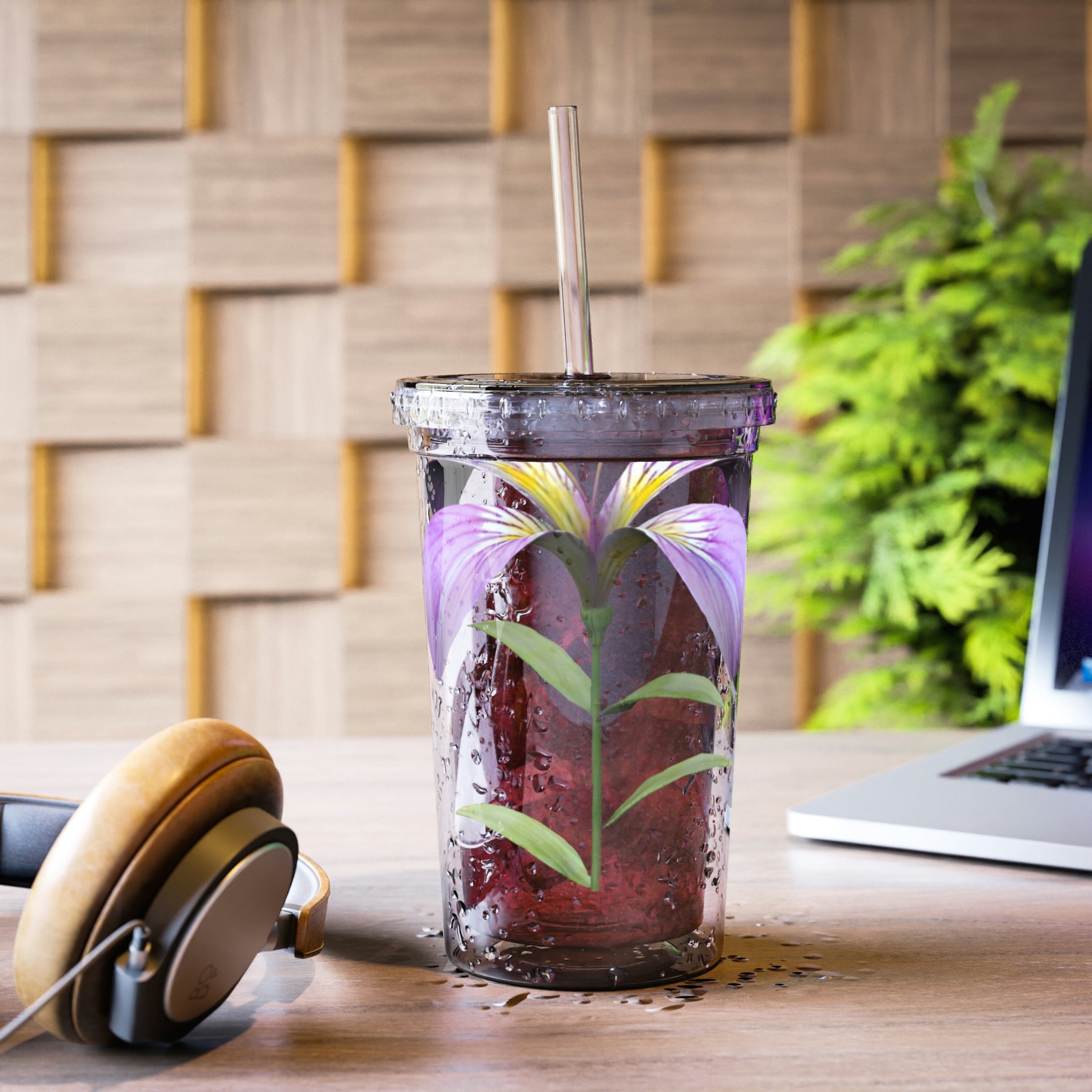 Purple Flower Suave Acrylic Cup with floral design, stainless steel body, and plastic straw, perfect for beverages.