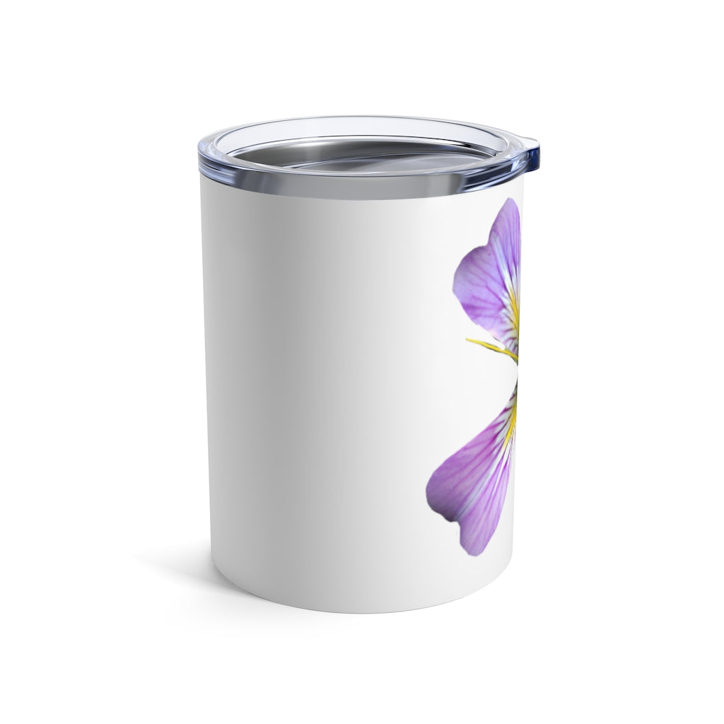 Purple Flower Tumbler 10oz made of stainless steel with a see-thru plastic lid, featuring a vibrant floral design.