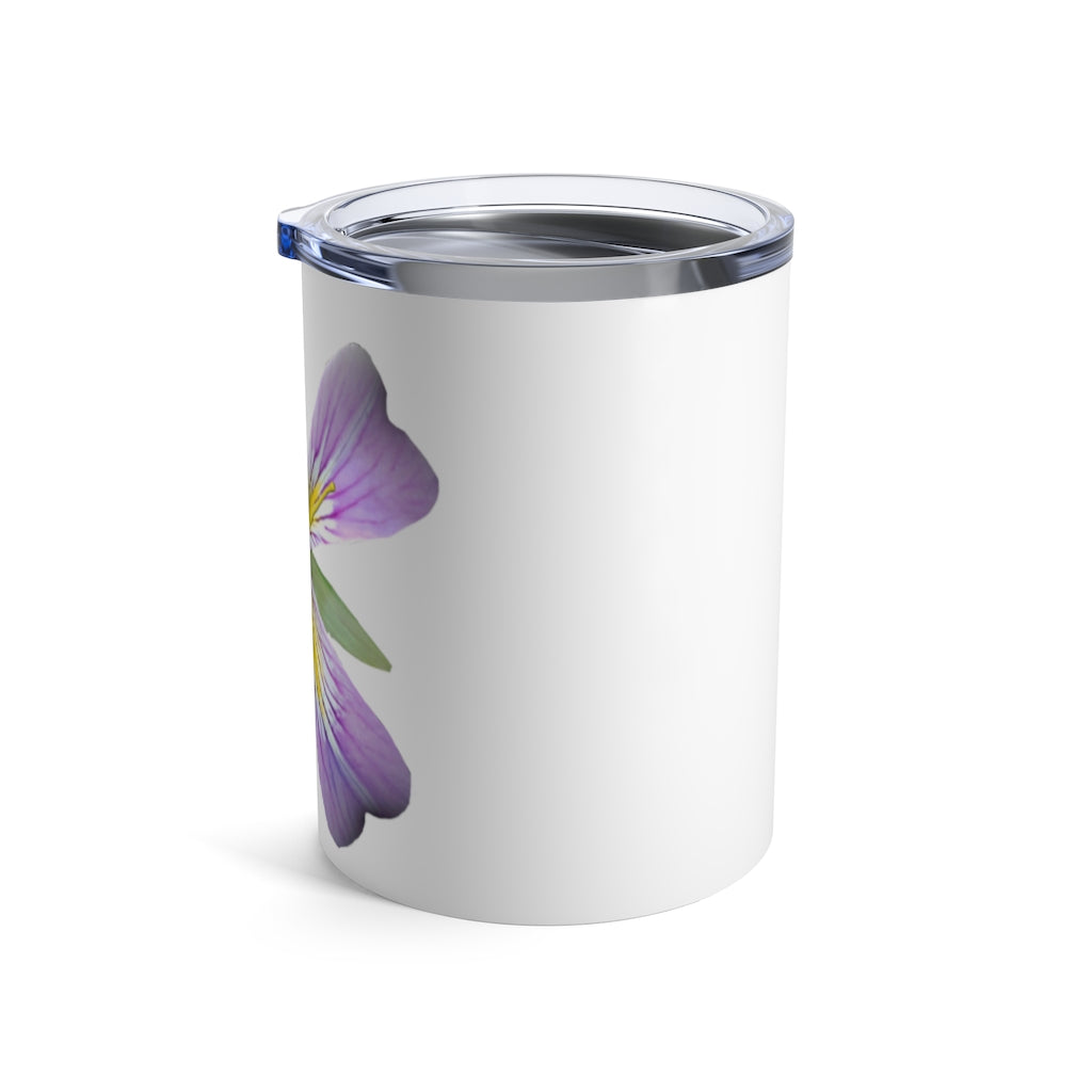 Purple Flower Tumbler 10oz made of stainless steel with a see-thru plastic lid, featuring a vibrant floral design.