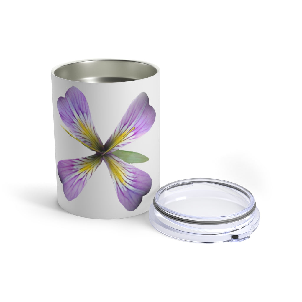 Purple Flower Tumbler 10oz made of stainless steel with a see-thru plastic lid, featuring a vibrant floral design.