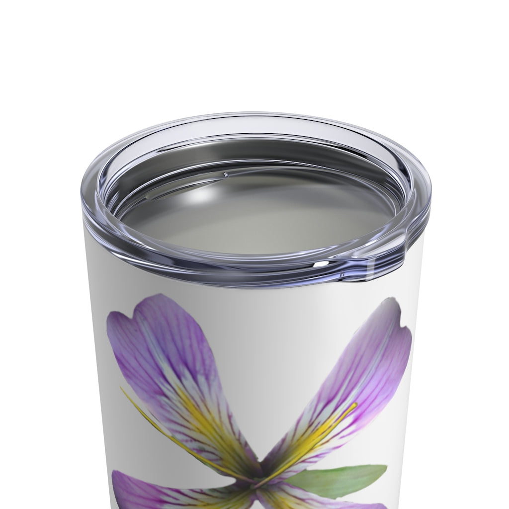 Purple Flower Tumbler 10oz made of stainless steel with a see-thru plastic lid, featuring a vibrant floral design.