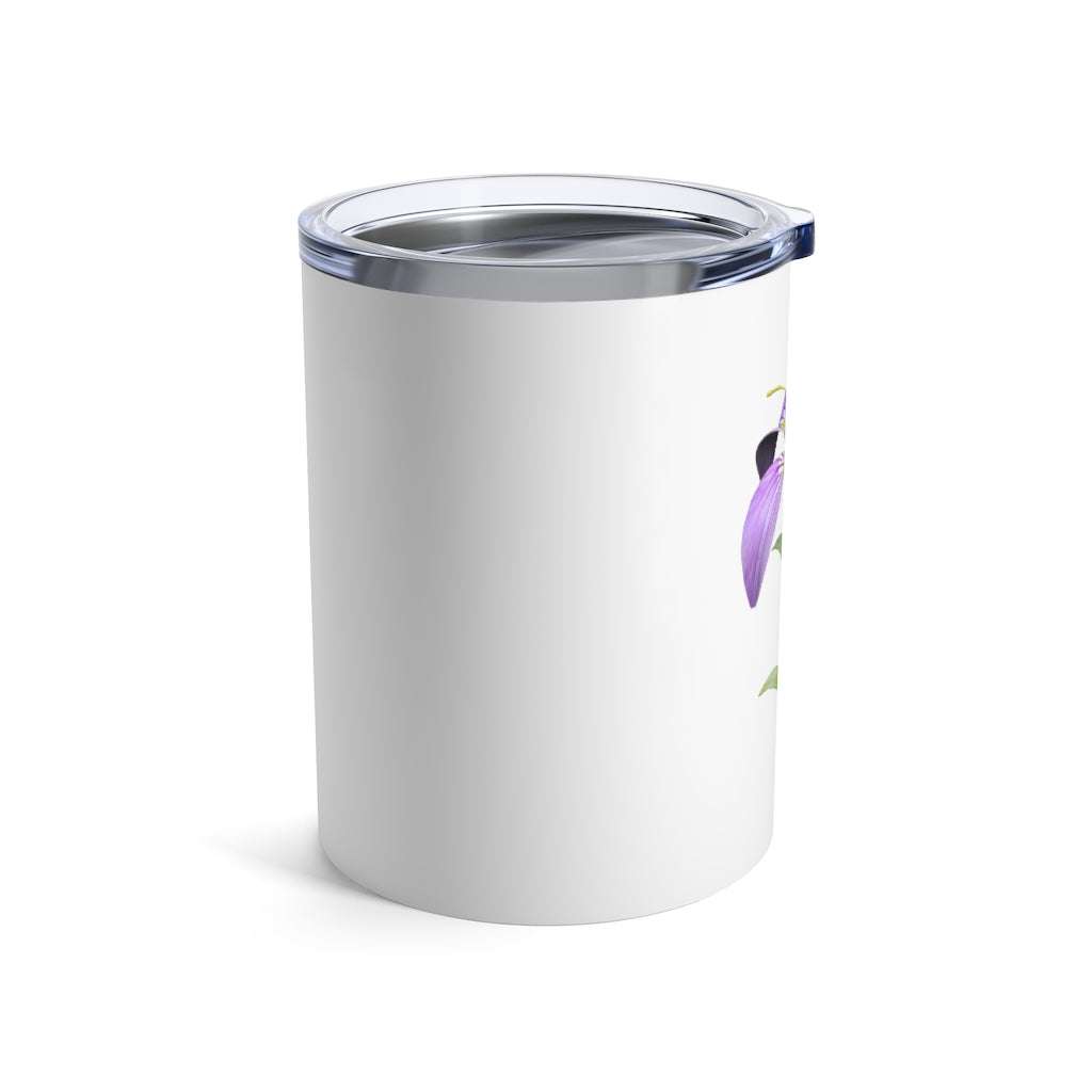 Purple Flower Tumbler 10oz made of stainless steel with a see-thru plastic lid, featuring a vibrant floral design.