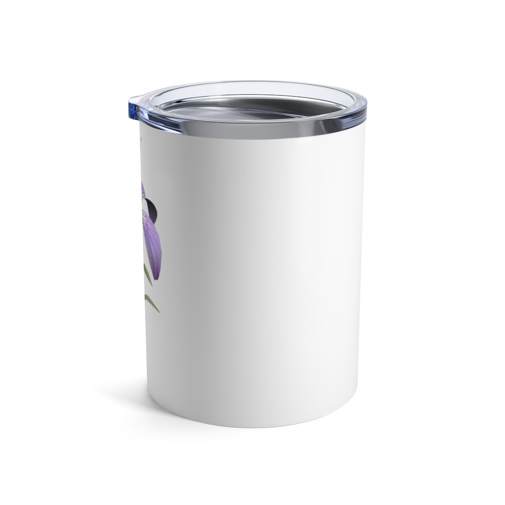 Purple Flower Tumbler 10oz made of stainless steel with a see-thru plastic lid, featuring a vibrant floral design.