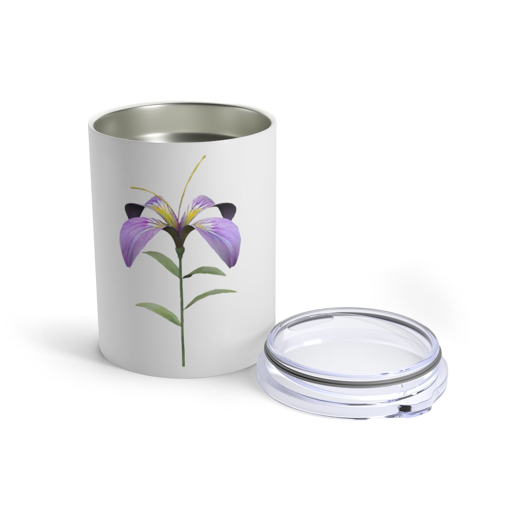 Purple Flower Tumbler 10oz made of stainless steel with a see-thru plastic lid, featuring a vibrant floral design.