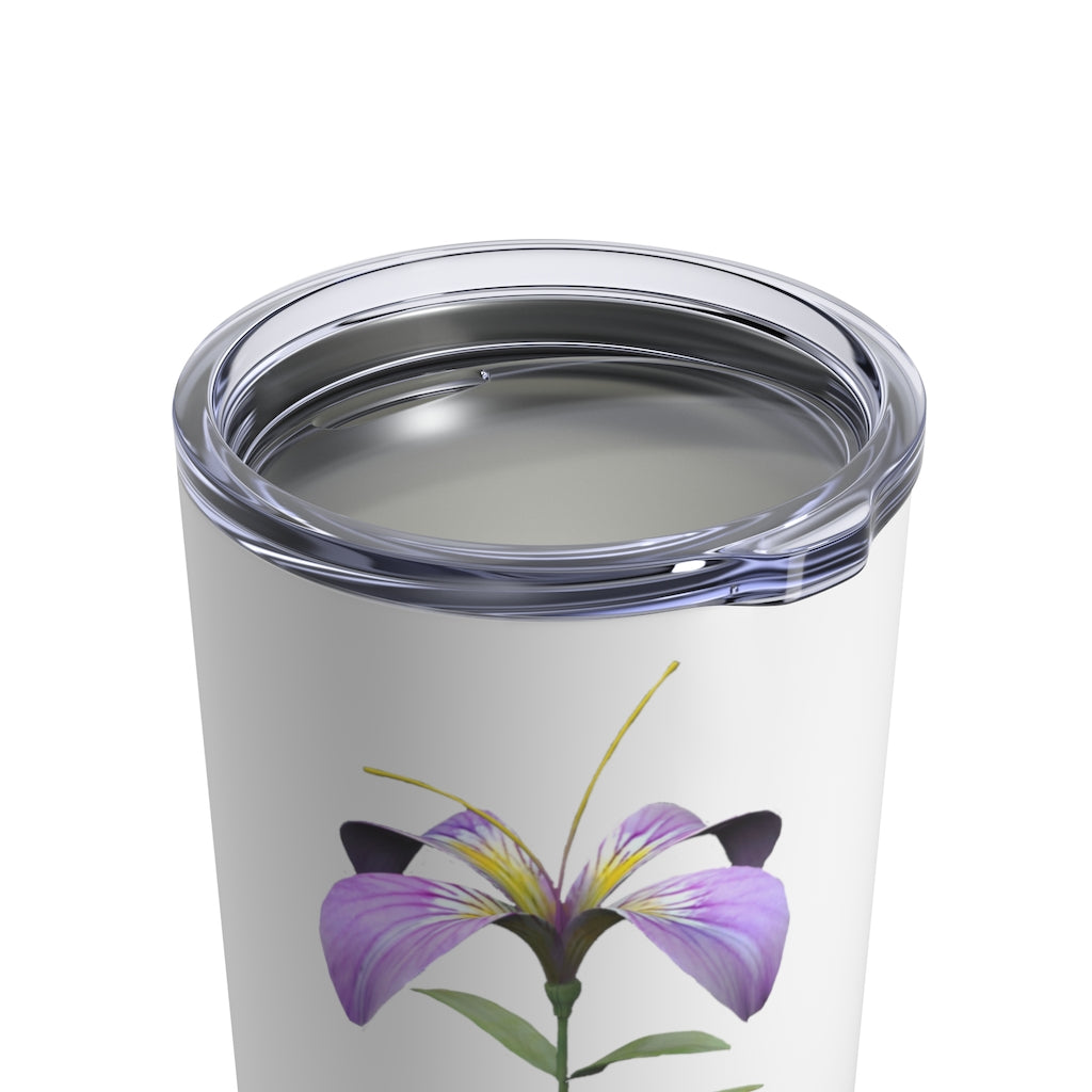 Purple Flower Tumbler 10oz made of stainless steel with a see-thru plastic lid, featuring a vibrant floral design.