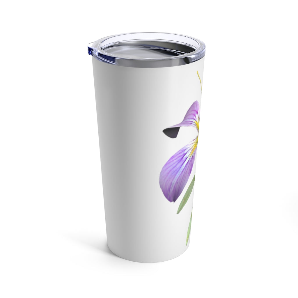 Purple Flower Tumbler 20oz made of stainless steel with a floral design and a see-thru plastic lid.